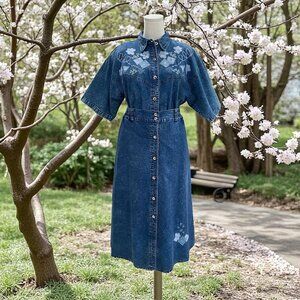 Vintage Pearl River Denim Skirt Set Acid Wash Floral Embroidered Cottagecore L‎